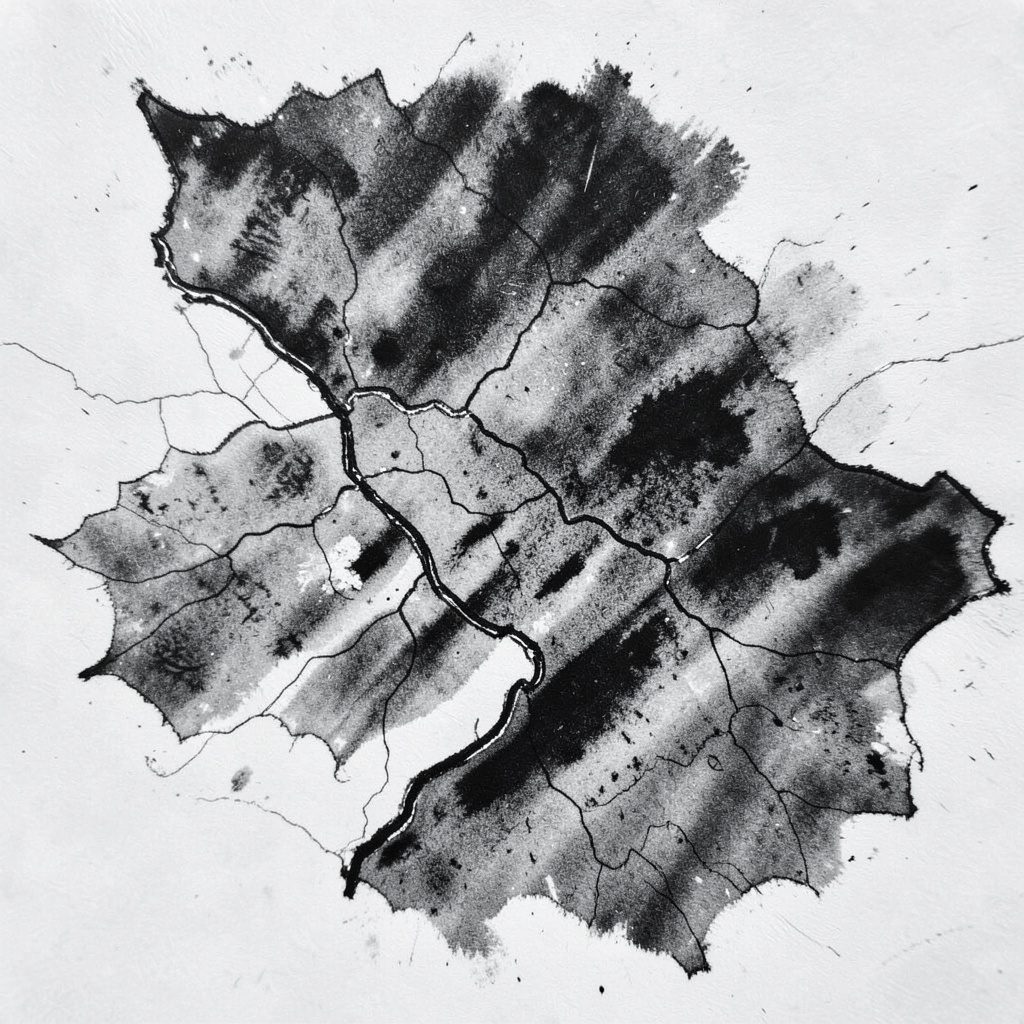 Stylized charcoal sketch map of the Ioannina region with roads and the lake shown as soft gray shapes.