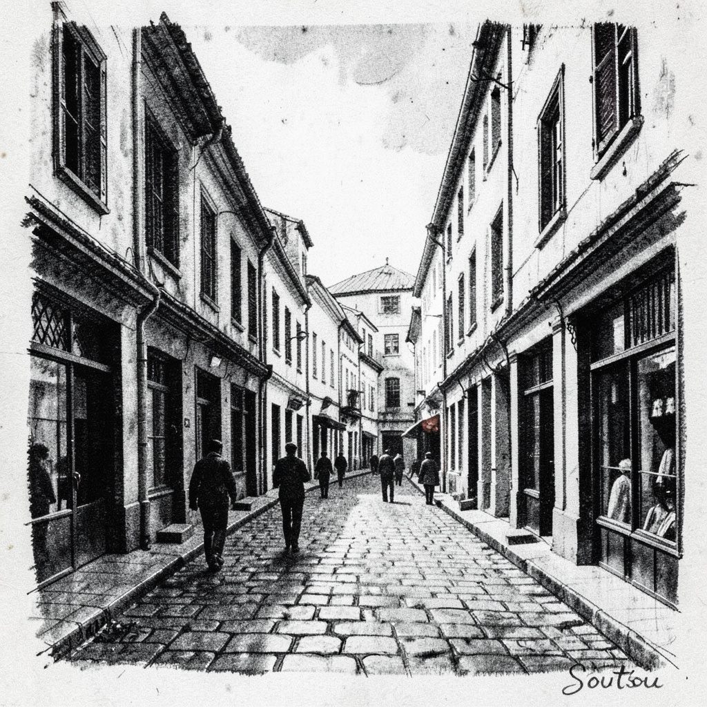 Atmospheric charcoal drawing of a narrow stone pedestrian lane with warm lantern glow, evoking the old town of Ioannina at twilight.